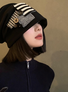 纽扣贴布堆堆帽女秋冬季日系宽松显脸小冷帽韩版大头围黑色帽子潮