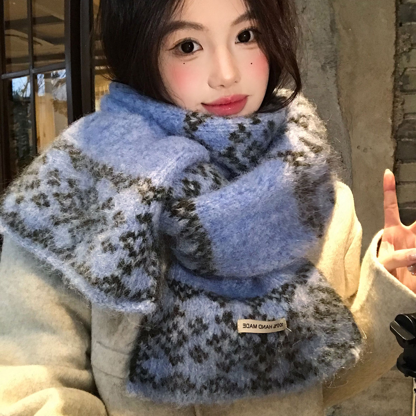 费尔岛蓝色提花针织围巾女冬季氛围感复古高级感加厚保暖防寒围脖,服饰配件/皮带/帽子/围巾,围巾/丝巾/披肩,淘宝优惠券,粉丝福利购,淘宝优惠卷