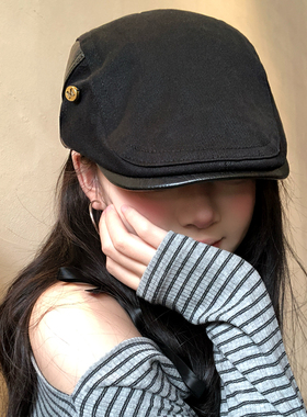 英伦风复古黑色皮檐前进帽女气质反戴贝雷帽大头围显脸小报童帽子