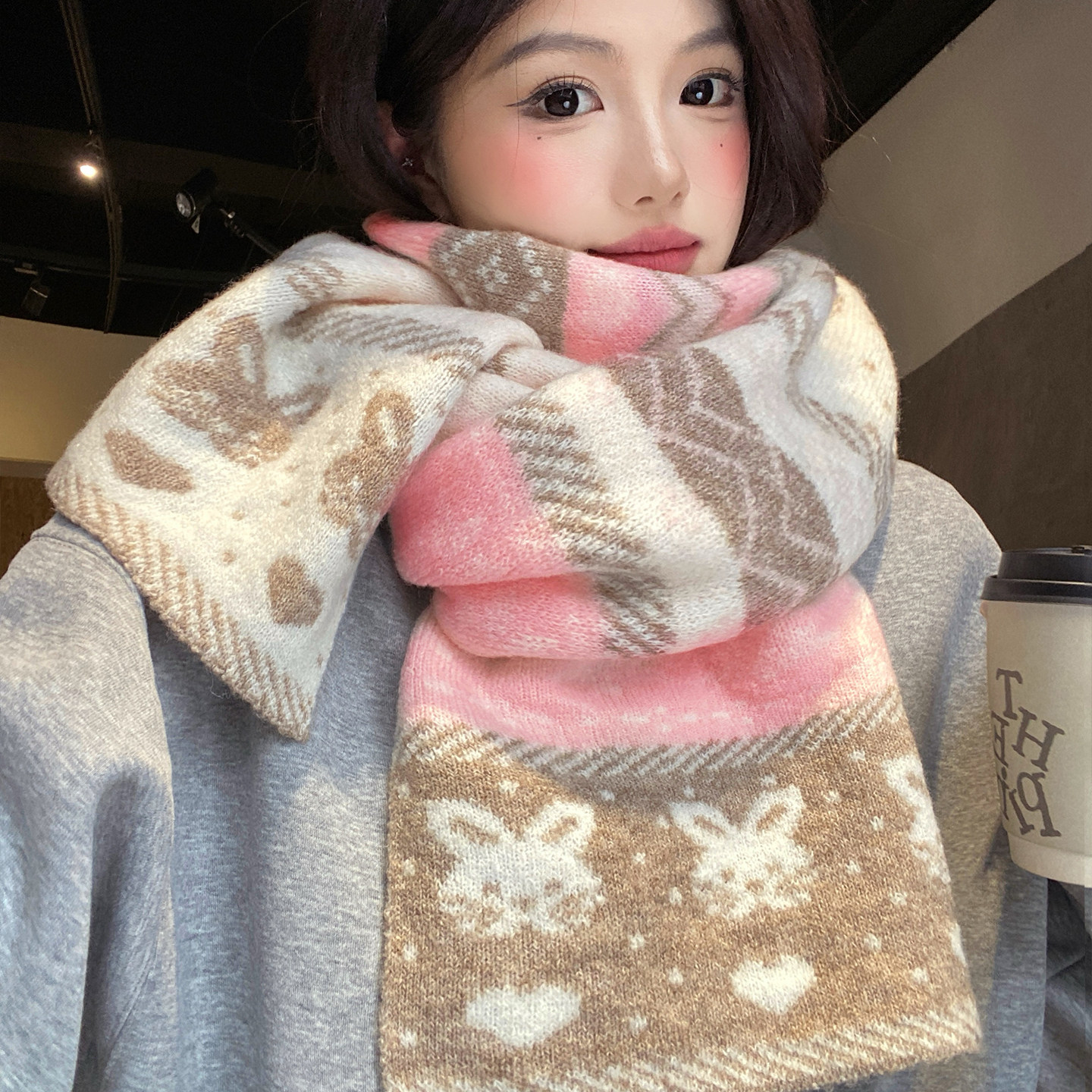 可爱小兔提花针织围巾女秋冬季软糯甜美保暖护颈百搭学生防寒围脖