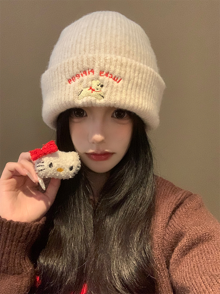 Cute Puppy Embroidered Knitted Wool Hat for Women, 2025 New Autumn and Winter Style, Makes Face Look Smaller, Versatile, Large Head Circumference Hat