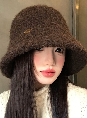 韩系咖色大头围针织渔夫帽女冬季