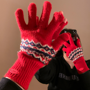 新年红色费尔岛针织毛线手套女冬季 加厚保暖防寒五指防风骑行触屏