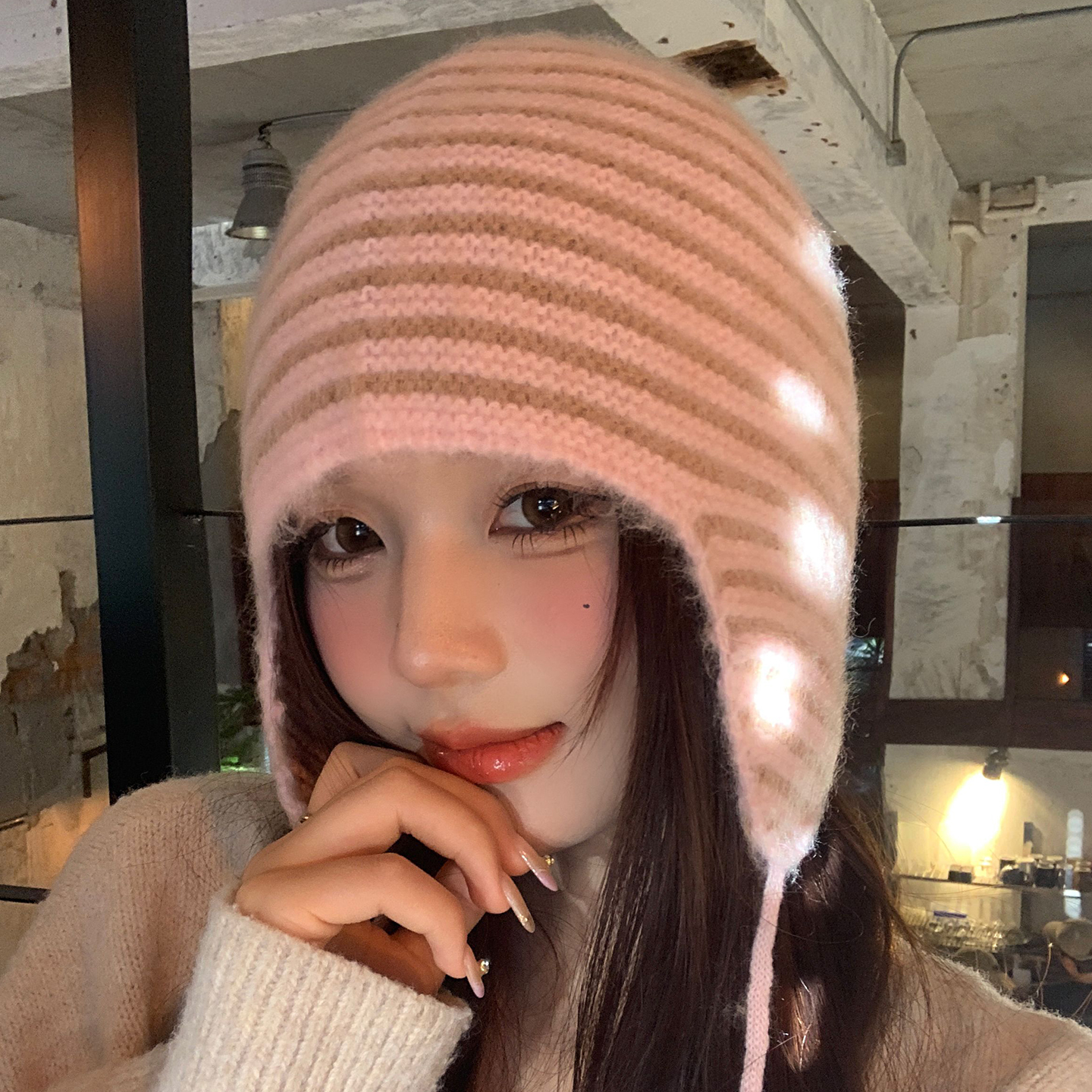 韩系条纹针织护耳帽子女秋冬季