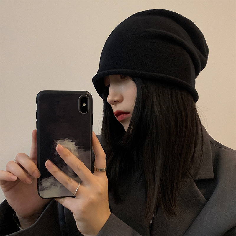 女堆堆帽日系黑色大头围冷帽帽子