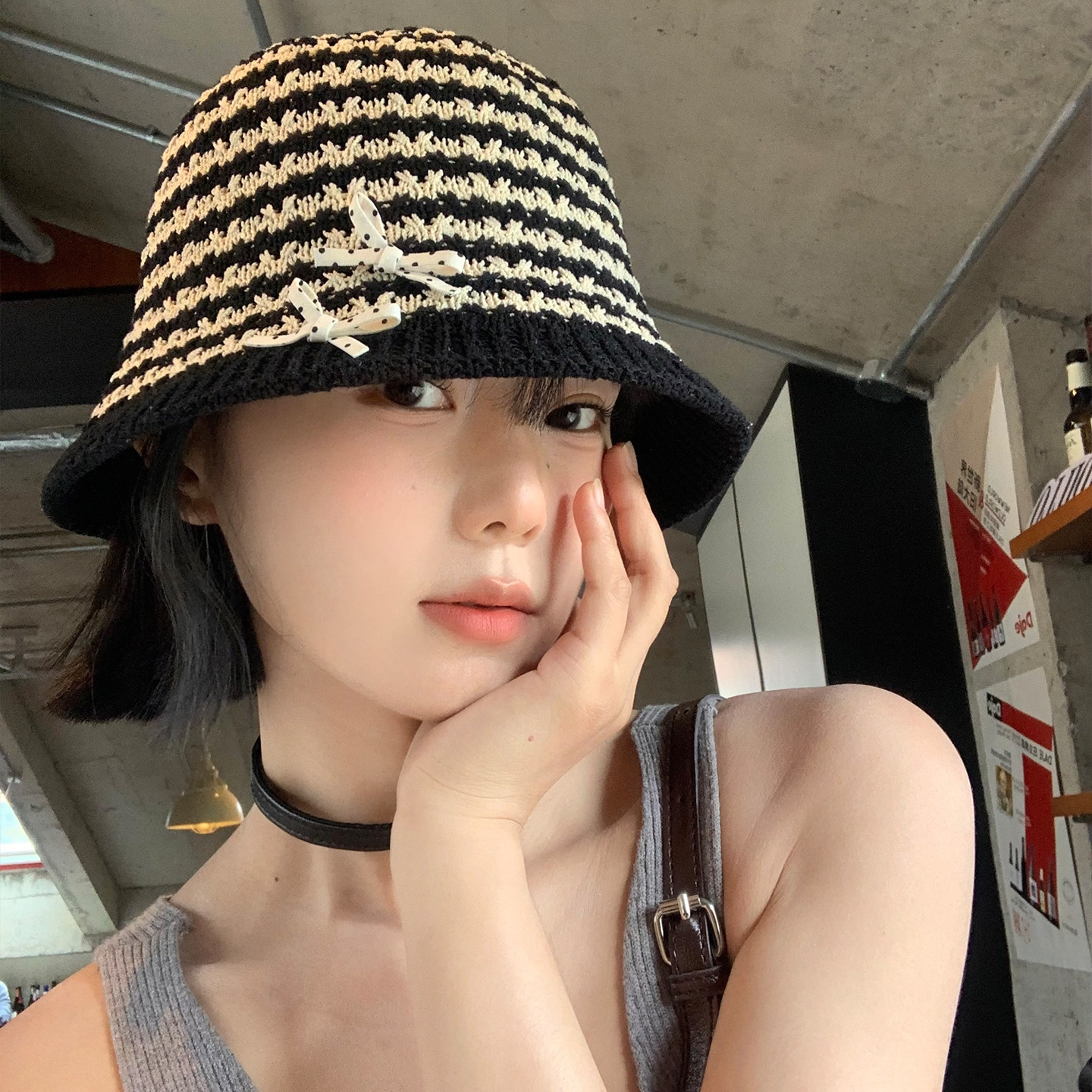 日系条纹蝴蝶结针织渔夫帽女夏季