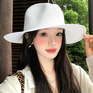 巴拿马白色爵士草帽女夏老钱风遮阳礼帽海边度假拍照复古防晒帽子