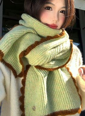 绿色波浪边针织毛线围巾女生冬季