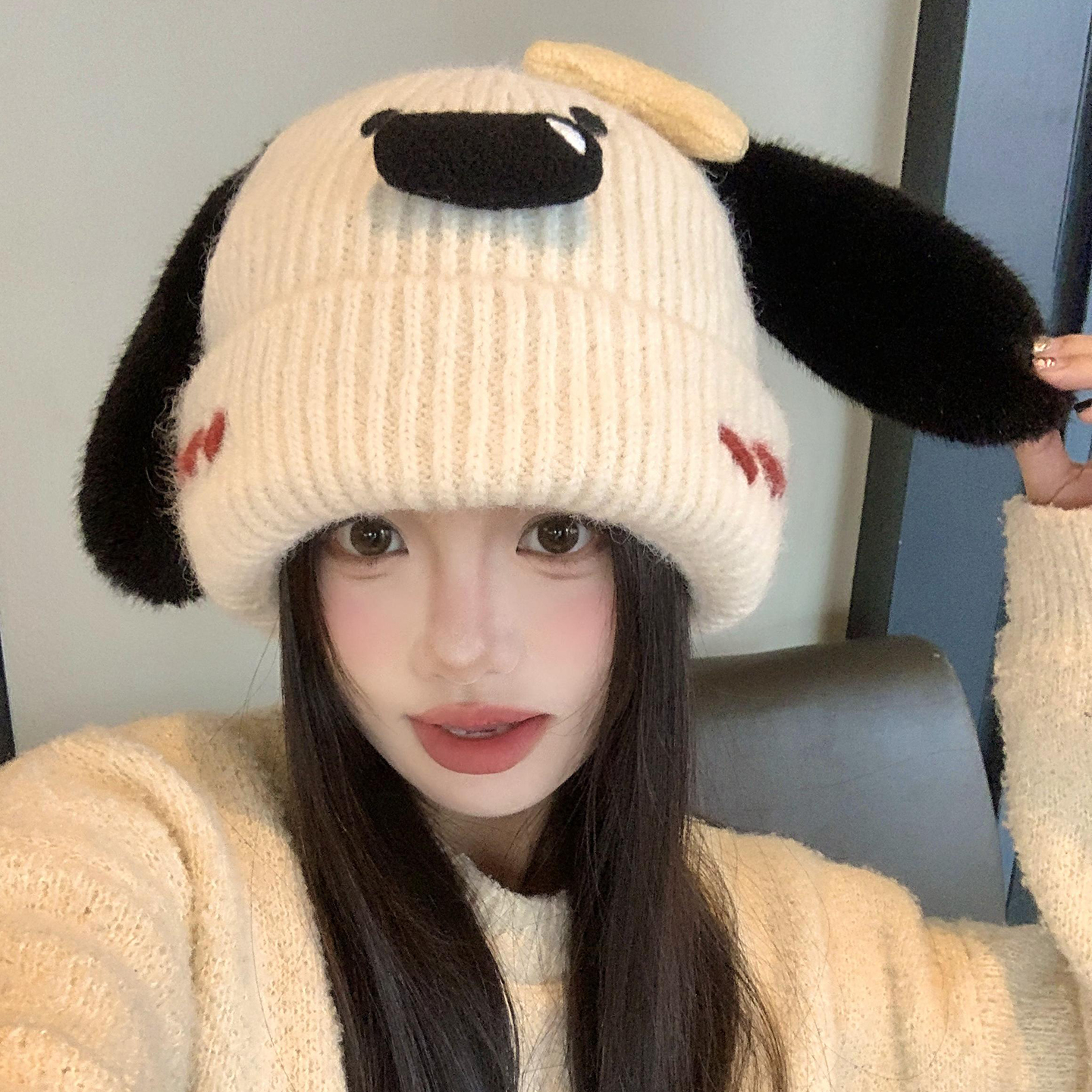 可爱小狗卡通大鼻子针织帽子女秋