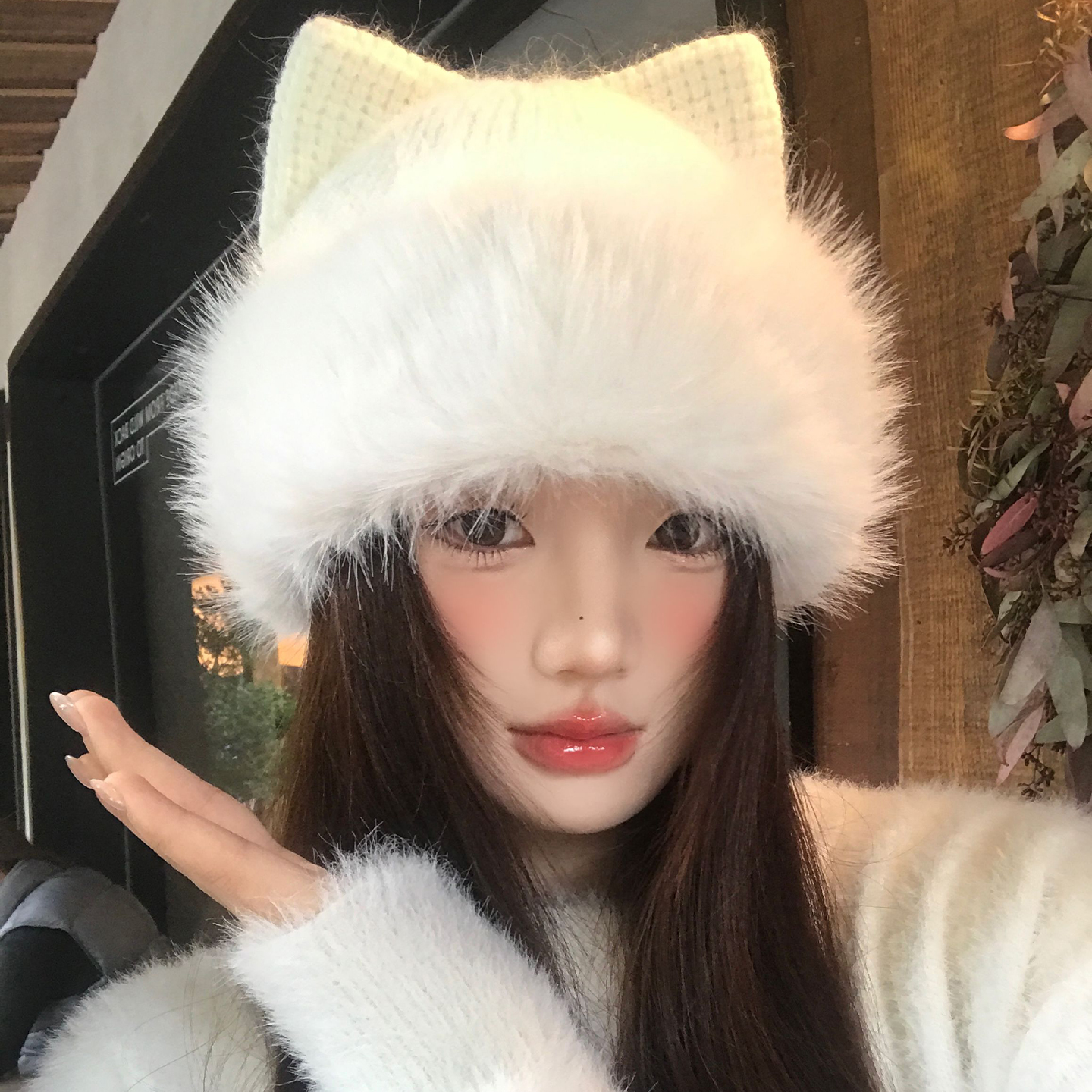 可爱猫耳朵白色针织毛线帽女士