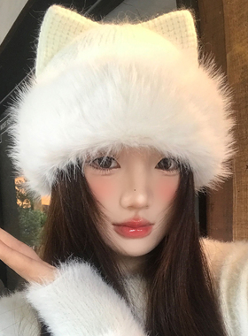 可爱猫耳朵白色针织毛线帽女士