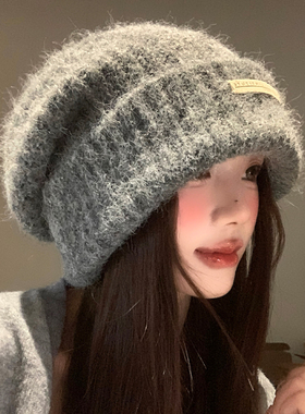 含羊毛灰色堆堆帽女秋冬季大头围