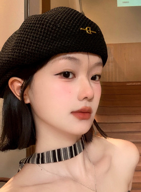 日系黑色反戴贝雷帽女夏季薄款透气前进帽子新款时尚显脸小画家帽