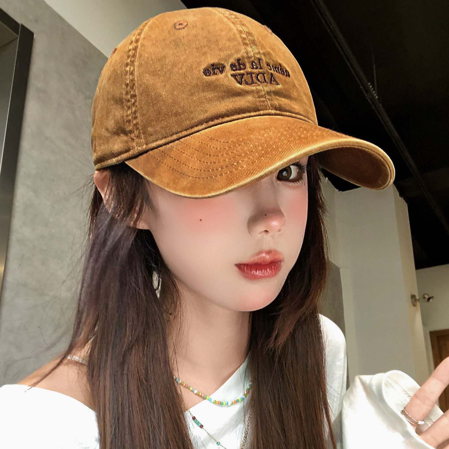 韩系简约刺绣大头围棒球帽女早秋氛围感显脸小复古水洗棉鸭舌帽子