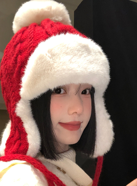 新年圣诞红色毛球护耳雷锋帽女冬加厚保暖防寒飞行帽东北毛绒帽子
