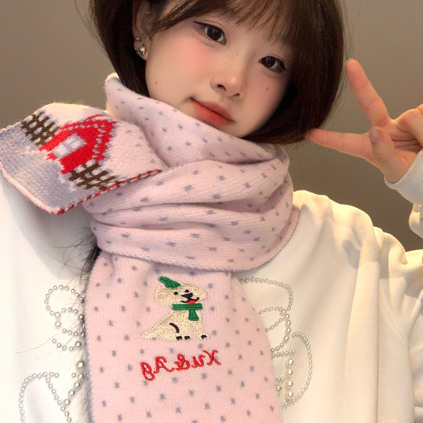 可爱小狗刺绣波点粉色针织围巾女