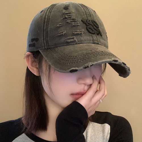 美式复古破洞棒球帽女夏水洗做旧