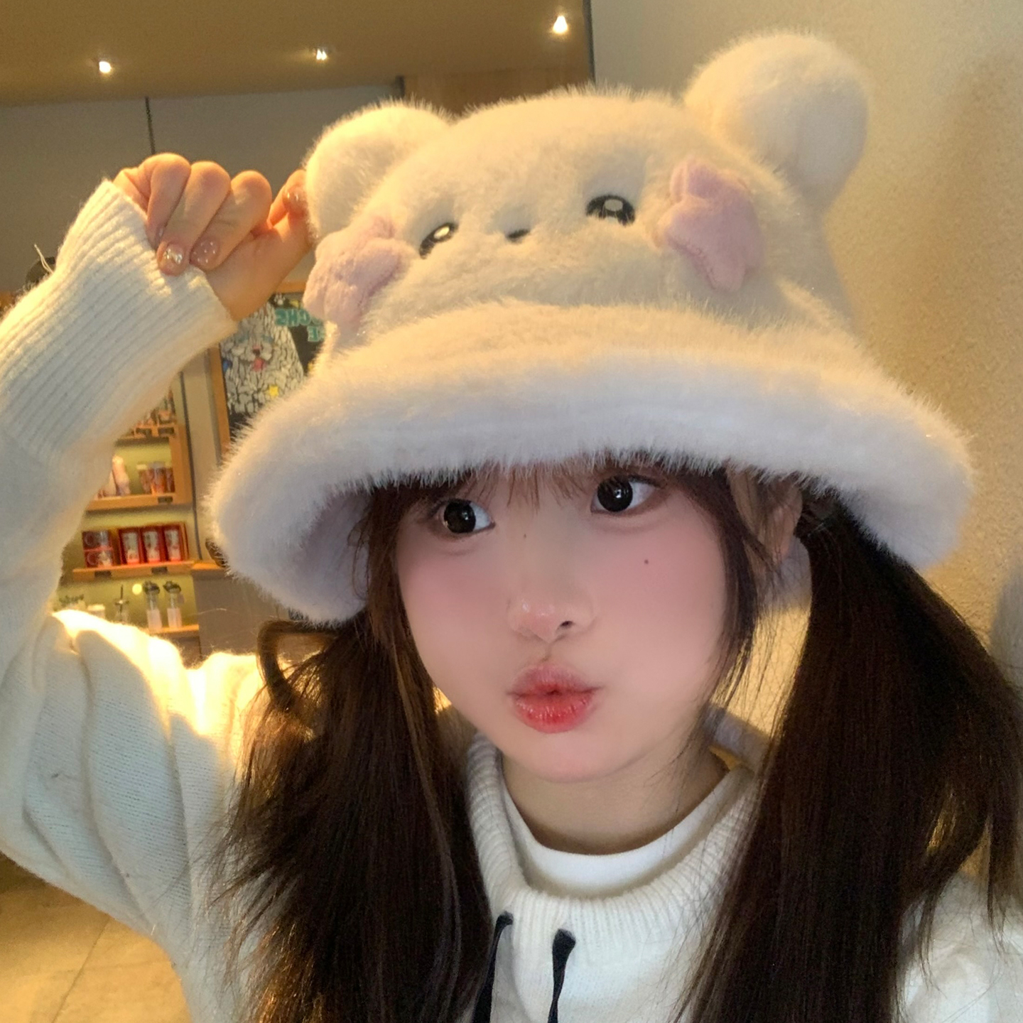 可爱毛绒小熊耳朵渔夫帽女秋冬保暖大头围盆帽甜美显脸小水桶帽子