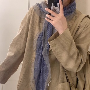 藤井树同款灰蓝色波点蕾丝边丝巾女木耳边长款围巾川西披肩穿搭