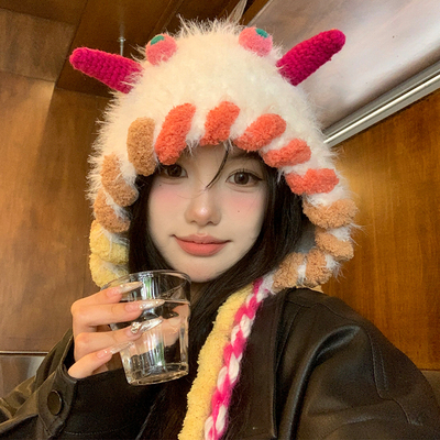 可爱搞怪小怪兽辫子毛线帽子秋冬