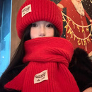 红色针织毛线帽女2025年秋冬季 百搭帽子加厚保暖护颈学生圣诞围脖