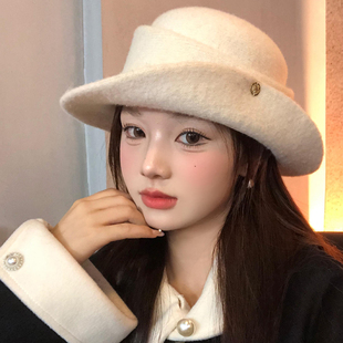 法式赫本风优雅白色礼帽女千金风大头围复古羊毛呢显脸小渔夫帽子
