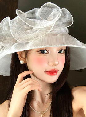 法式优雅网纱花朵大帽檐防晒帽女