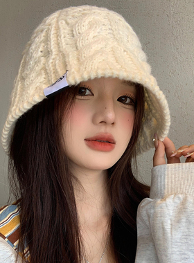 高级感白色麻花针织渔夫帽女秋冬