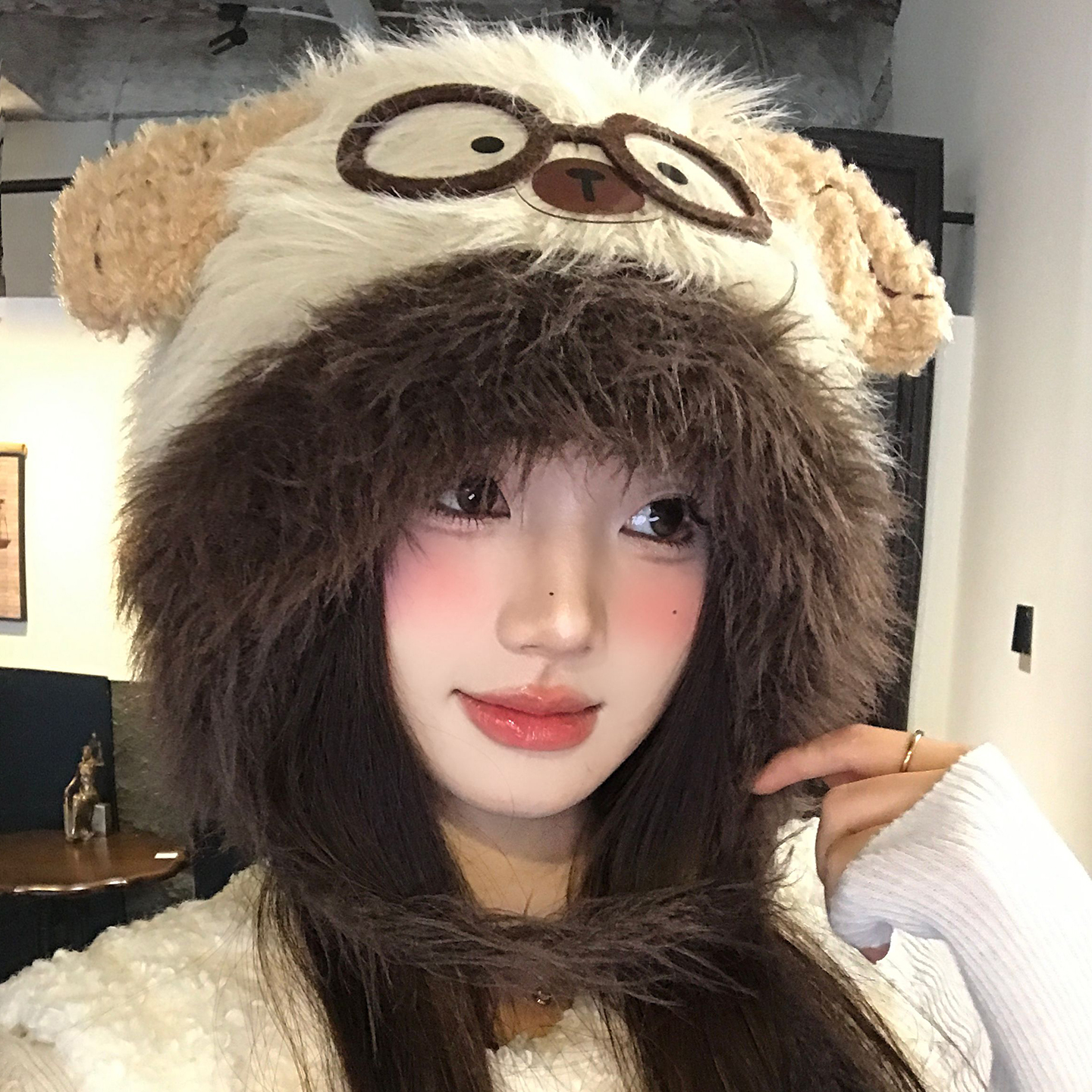可爱眼镜小熊毛绒帽女冬加绒加厚