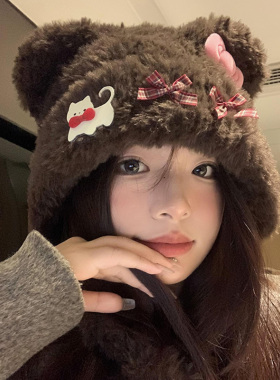 可爱小熊耳朵猫咪蝴蝶结毛绒帽女