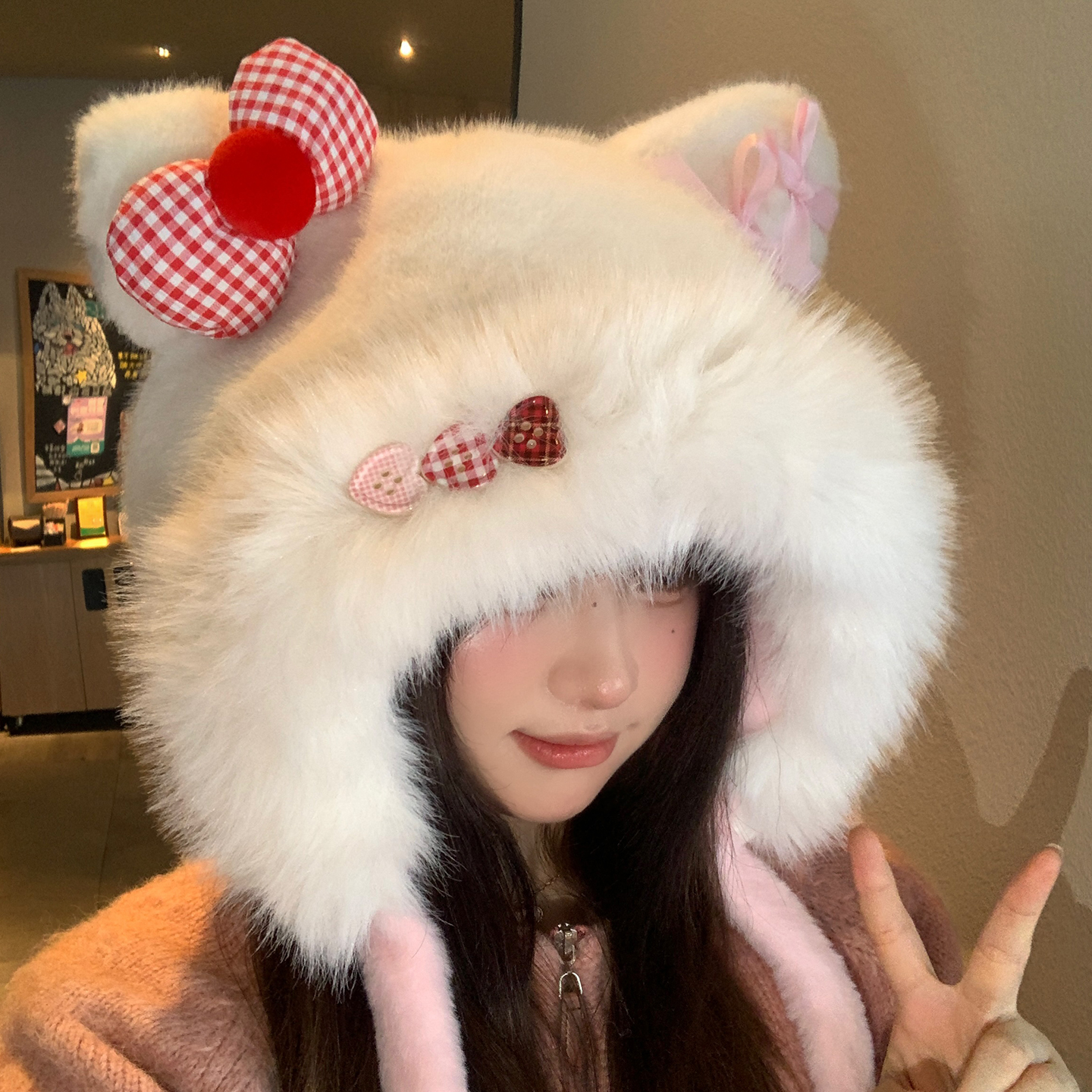 可爱猫耳朵蝴蝶结毛绒帽女秋冬