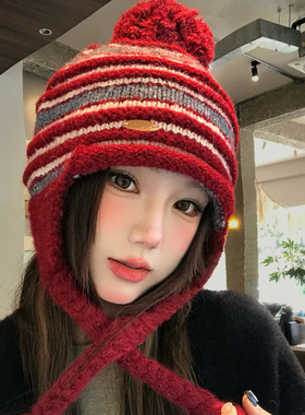 红色复古条纹毛球针织毛线帽子女