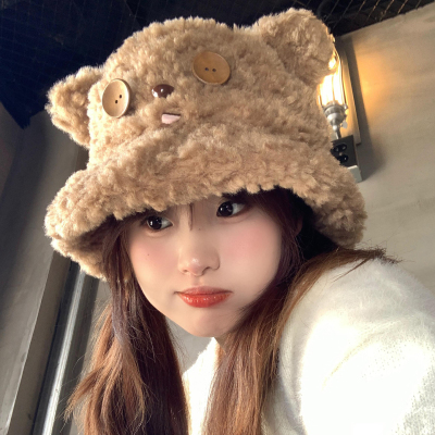 可爱小熊耳朵纽扣毛绒渔夫帽秋冬