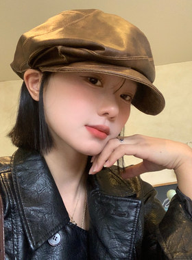 复古英伦风褶皱皮质贝雷帽女秋冬