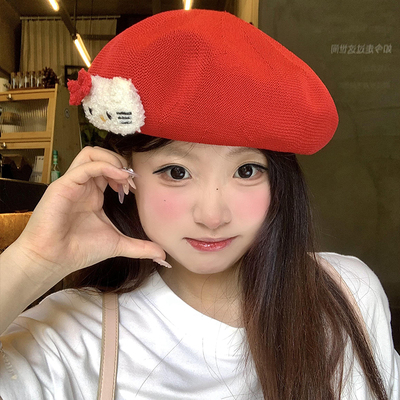 可爱卡通kitty猫红色贝雷帽女夏