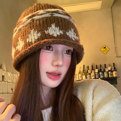 费尔岛格纹针织毛线帽子秋冬保暖