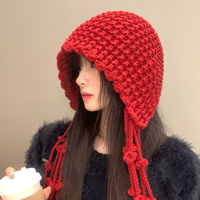 手工编织流苏球球针织包头帽女秋
