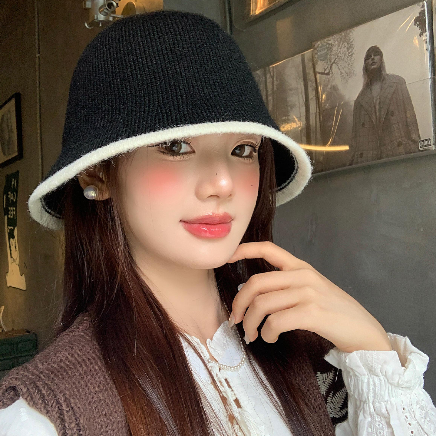 日系黑色渔夫帽女秋冬季高级感