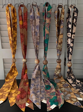 复古碎花串珠长条丝巾系脖领巾女