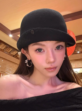 明星博主同款黑色翻檐礼帽女秋冬