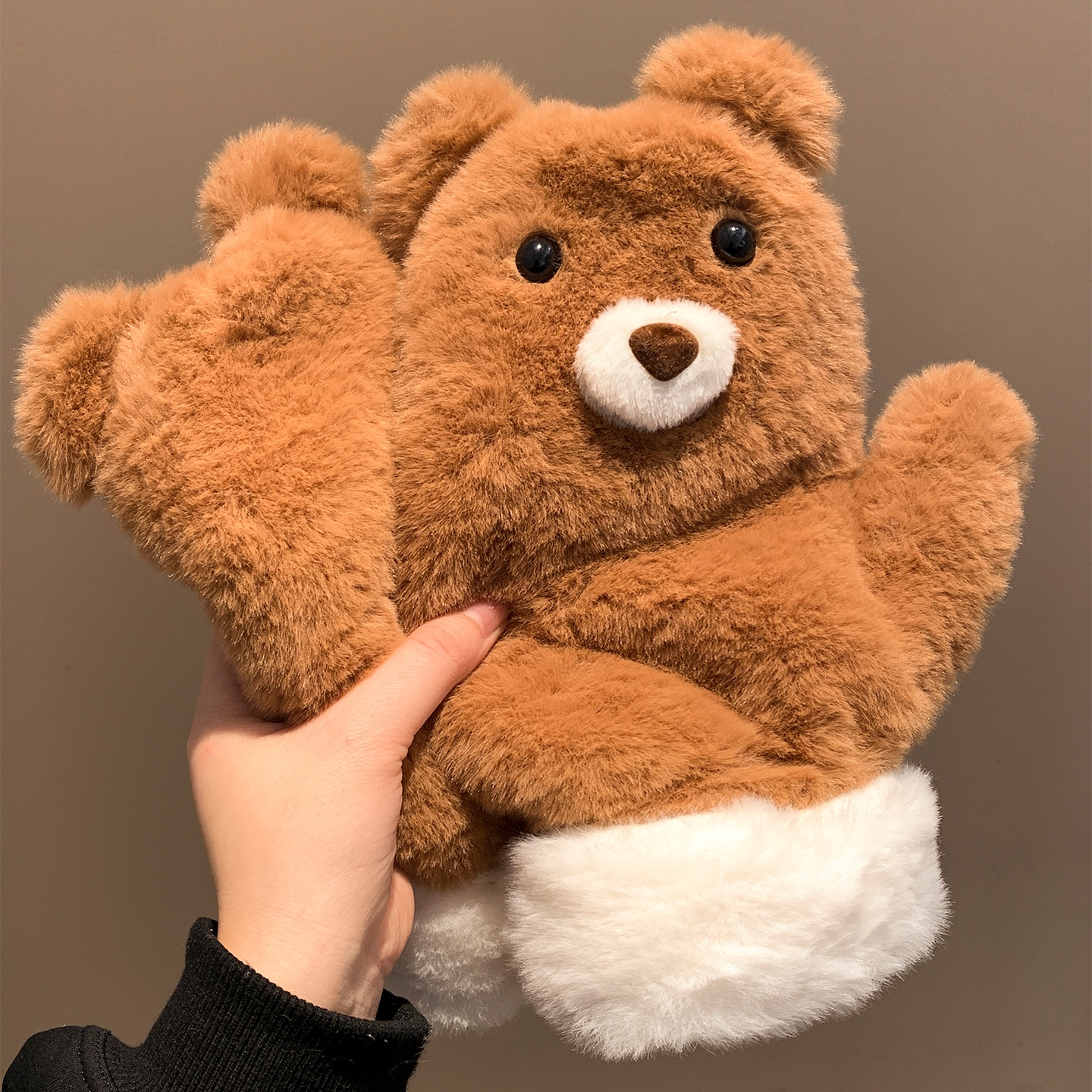 可爱咖色小熊毛绒手套女冬季毛茸茸加绒加厚保暖骑行挂脖全包防风