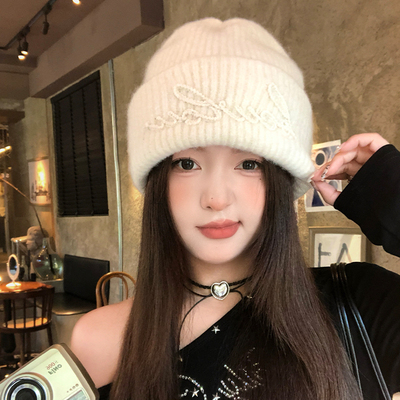 羊毛混纺字母加厚毛线帽子女秋冬2025新大头围针织帽保暖护耳冷帽
