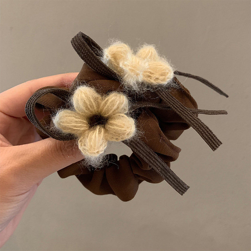 奶咖色~复古毛线花朵大肠发圈女森系仙美高级感扎头发头绳发饰ins