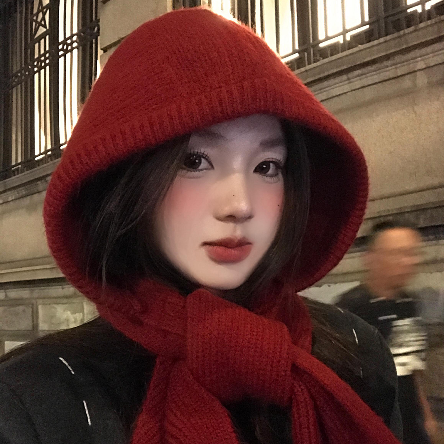 红色巴拉克拉法帽女秋冬毛线帽子