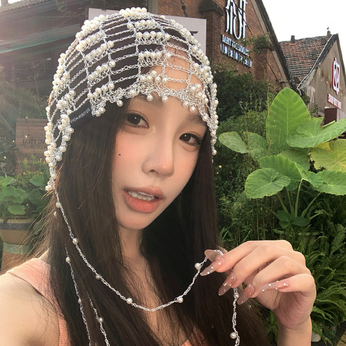 韩版手工金属串珠镂空包头帽女夏