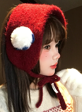 红色可爱小绵羊针织耳罩女冬天