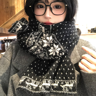 韩系氛围感雪花刺绣针织围巾女秋冬季 高级感加厚保暖围脖2025新款