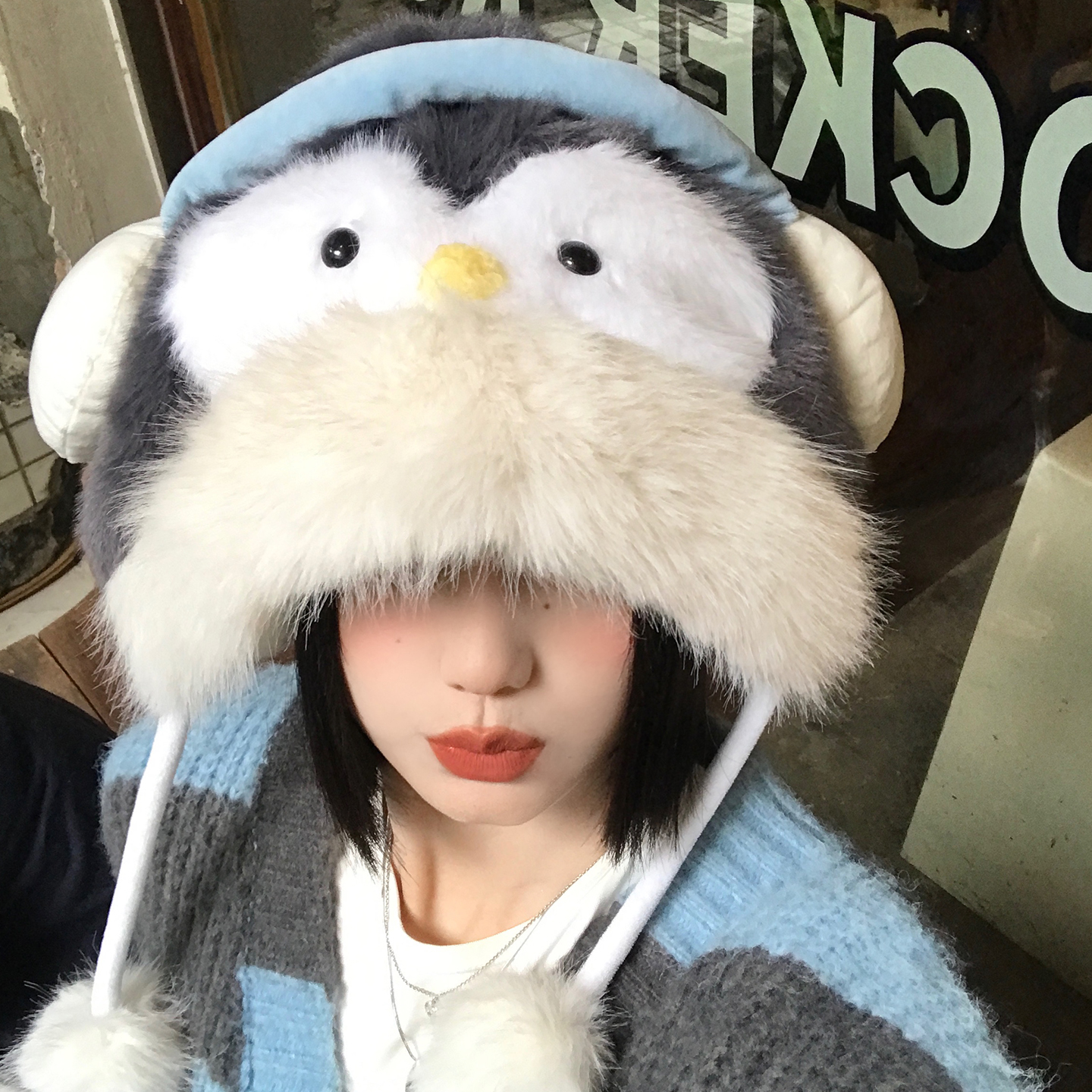 可爱小企鹅耳机毛绒帽女冬季加绒
