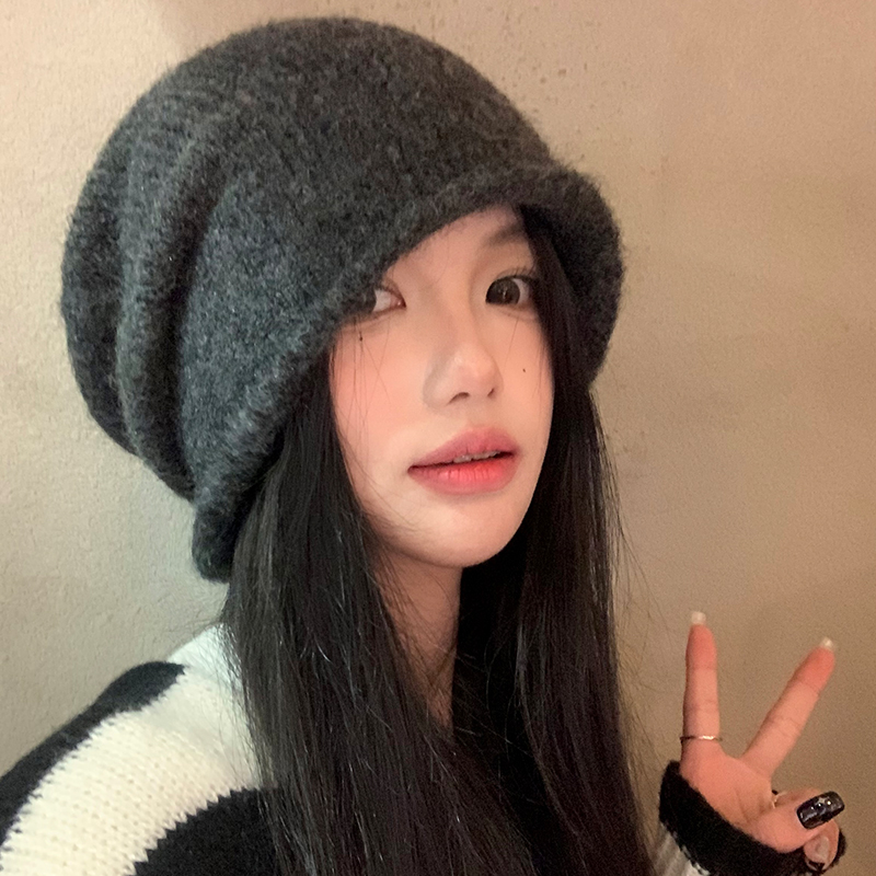 灰色含羊毛卷边针织冷帽女秋冬季显脸小堆堆帽大头围百搭包头帽子