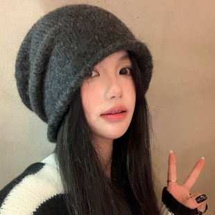 显脸小堆堆帽大头围百搭包头帽子 灰色含羊毛卷边针织冷帽女秋冬季
